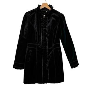 White House Black Market Velvet Jacket Sz Small Ruffle Neck n Closure Mid Length